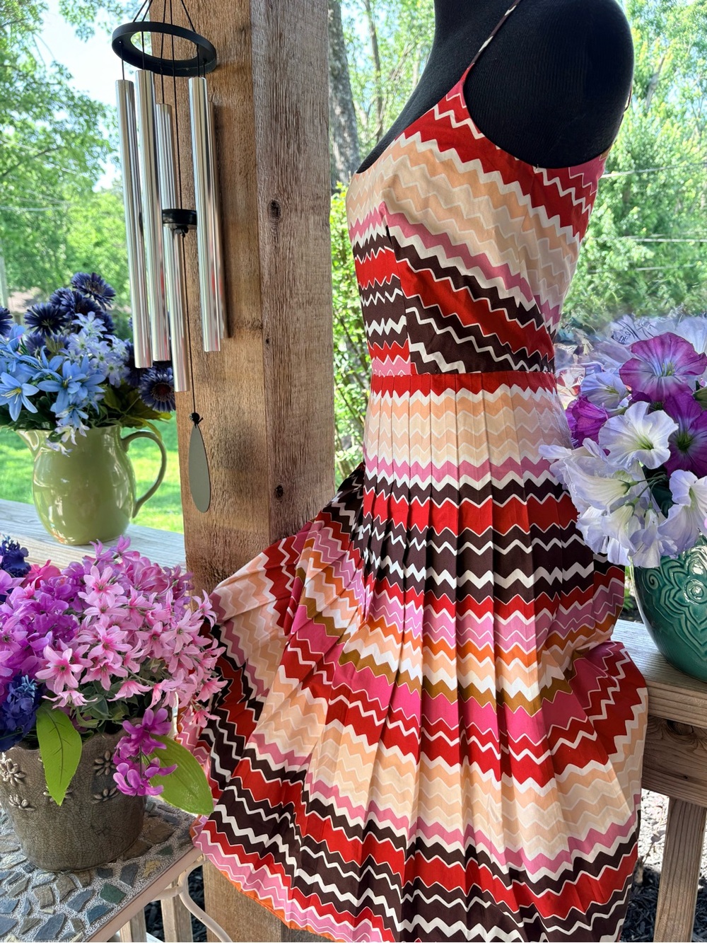 Max & Cleo Red Brown Pink Ric Rac Design Fit & Flare Sundress Adjustable Straps - Picture 4 of 9